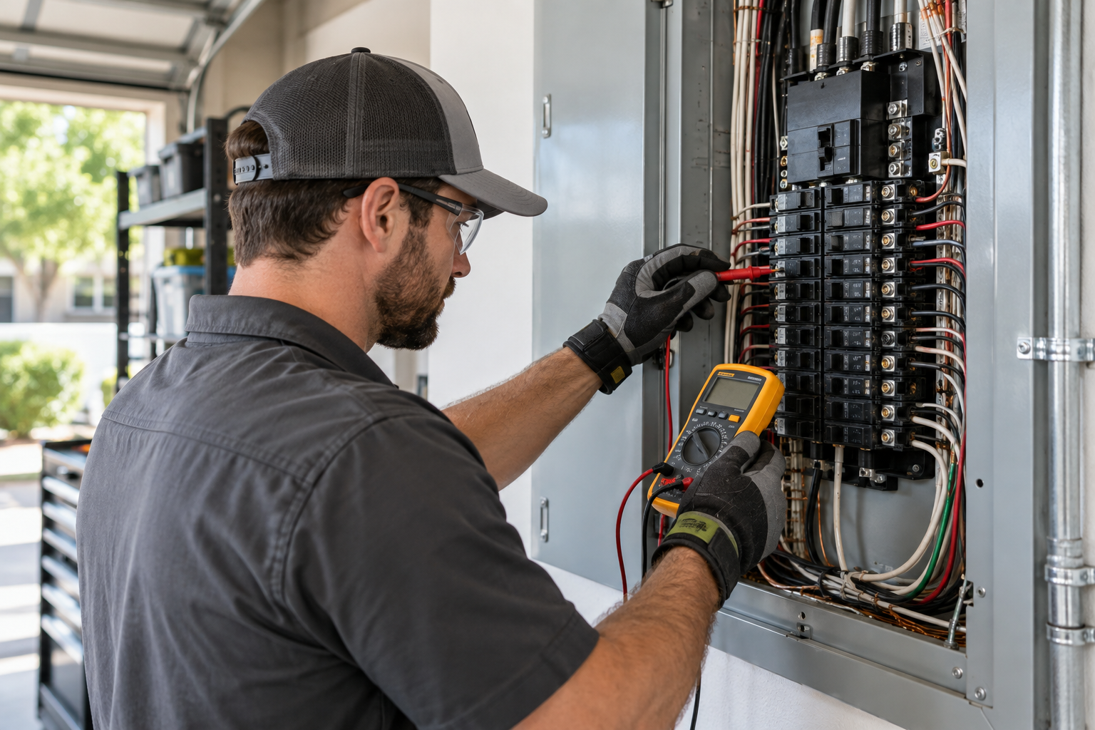 Electrician testing a residential breaker panel