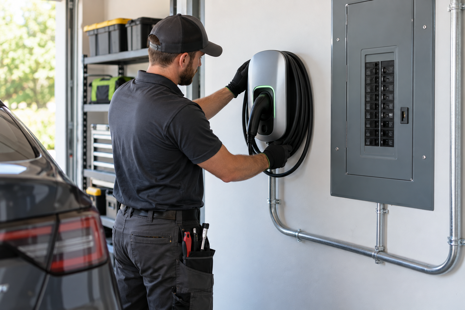 Electrician installing an EV wall connector
